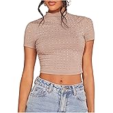 WDIRARA Women's Y2k Rhinestone Crop Tops Mock Neck Short Sleeve Slim Fit Tee Shirt