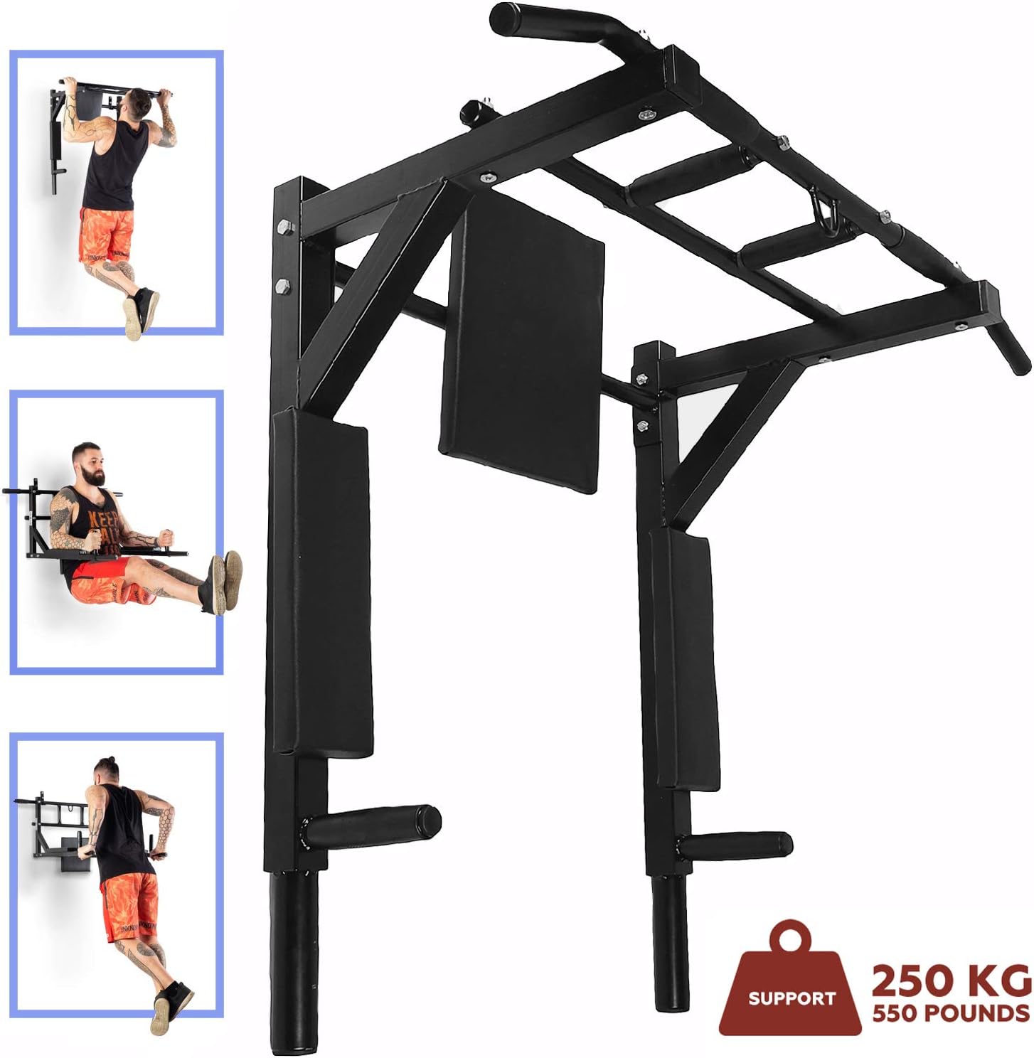 Wall Mounted Pull Up Bar and Dip Station Multi-Grip Chin-Up Bar Dip Stands Compact Power Tower for Indoor Home Gym Workout Multifunctional Fitness Training Equipment