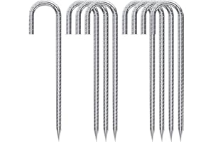 DN DENNOV Rebar Stakes U/J Hook Extra Heavy Duty,【12 inch Long Enough】 1/4 inch Rust Proof Coated Steel Ground Stakes Ground Anchors, Garden Stake Metal Stakes Tent Stakes Trampoline Anchors (J-Hook)