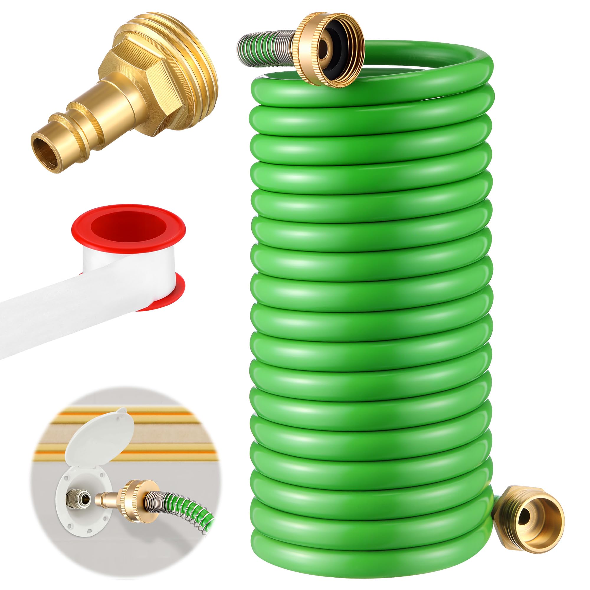 Photo 1 of Gulfmew RV Exterior Shower Hose, 15FT Green Coil Water Hose with 1/2" Quick Connect Adapter, Recoils to 9", Weather Resistant Recoil Garden Camper Tube for RV Outdoor Shower, Garden Use, 3/4" Fitting