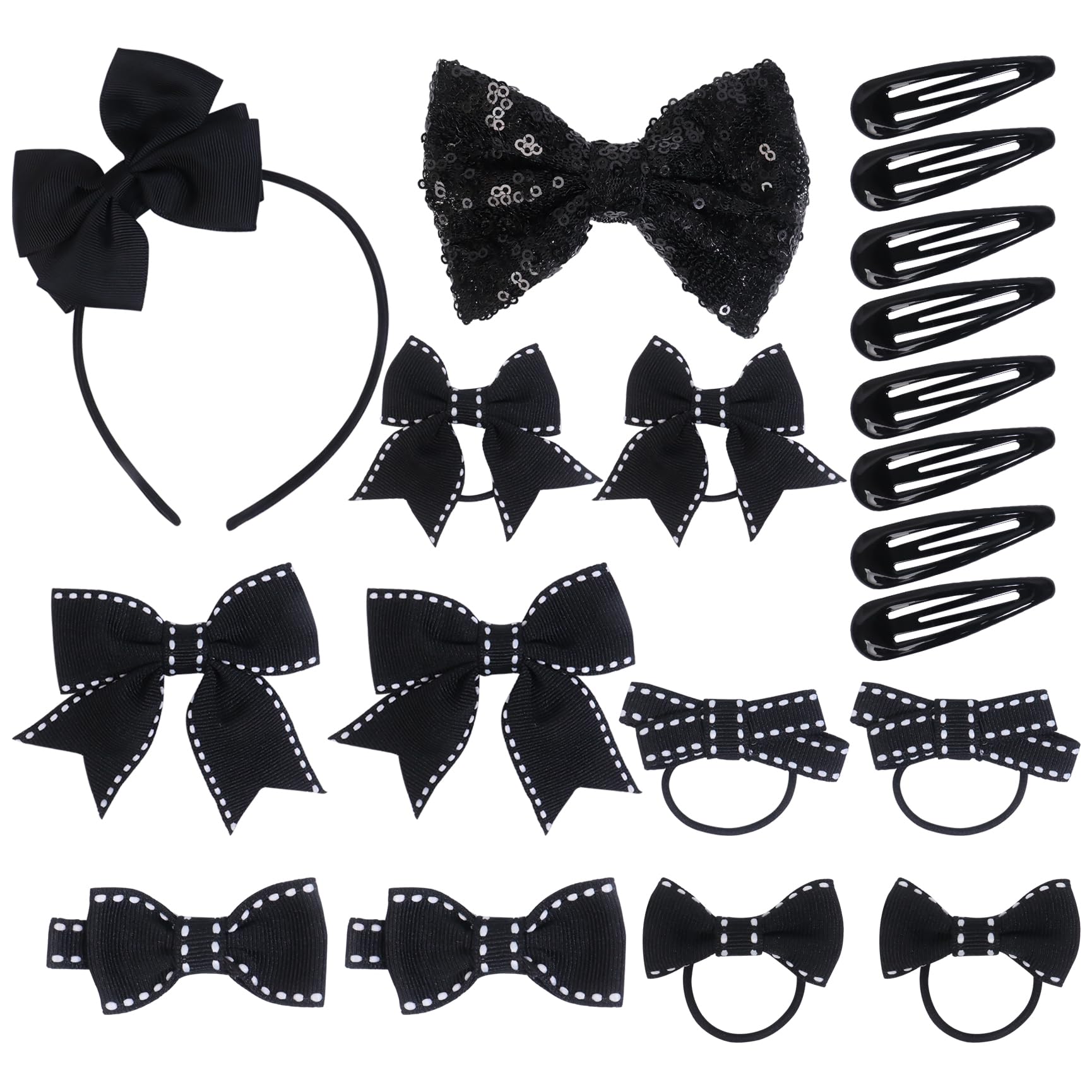 20Pcs School Hair Accessories Kit,Black Girl Hair Bow Glitter Hair Clips Ribbon Hair Barrettes Bow Headband,Black Hair Accessories for School Girl Toddler
