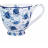 PMNING Bone China Coffee Mug Floral Coffee Tea Cup for Men Women -16 oz Flower Coffee Tea Mug Birthday Christmas Gifts for Friend Colleague Family (Blue)