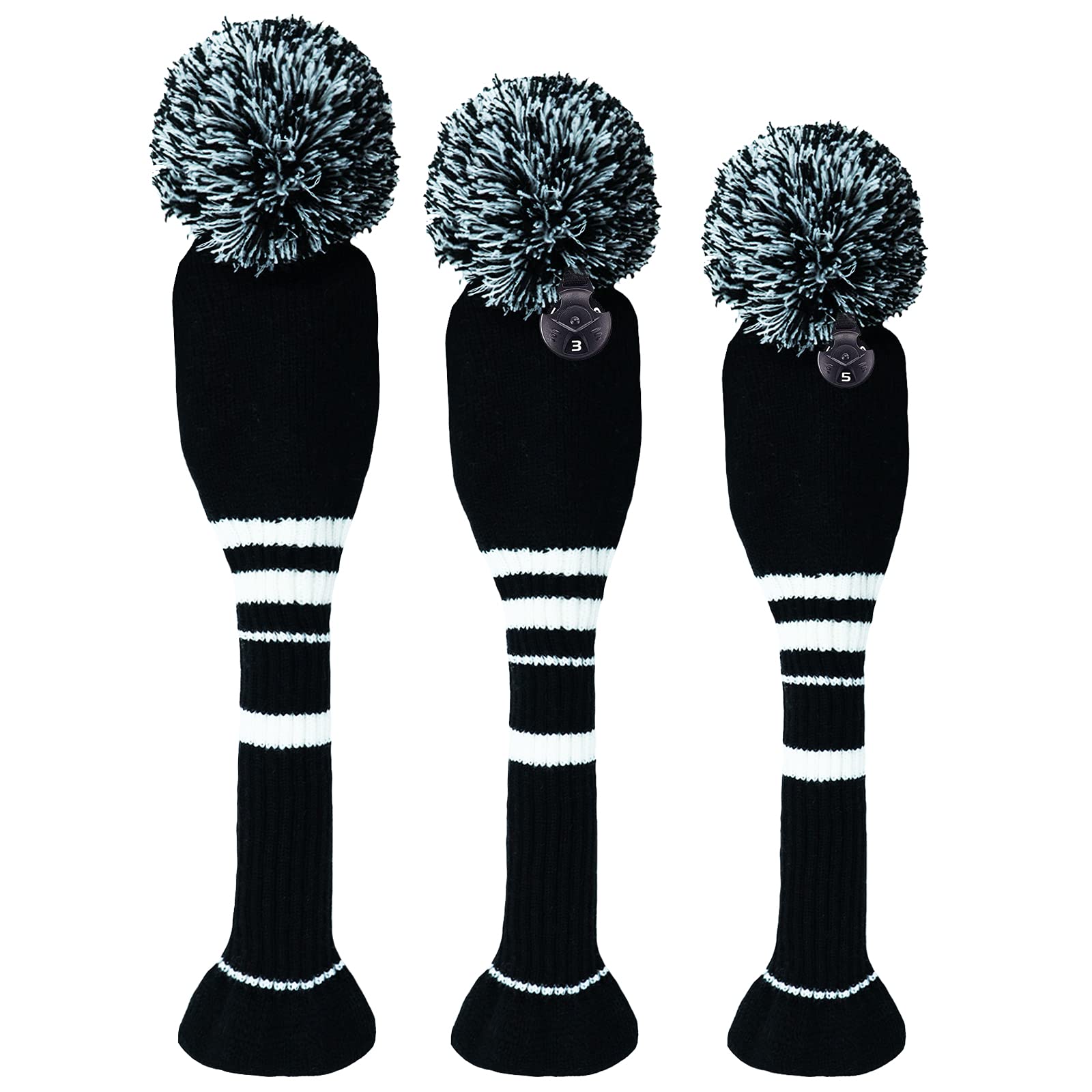 3 or 4 Pack Pom Golf Head Covers for Woods 1 3 5 Driver Fairway Hybrids Wood HeadCovers Set with Number Tag Knitted Golf Head Covers (Black 135)