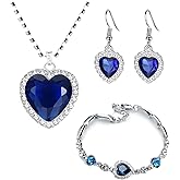 925 Sterling Silver Heart Pendant Necklace - Peach Heart Blue Crystal Zircon Jewelry Set For Women, Titanic Themed Wedding Engagement Jewelry