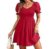 Holipick Womens Summer Dress - Smocked Sweetheart Neckline Puff Sleeve Flowy A-Line Short Cute Casual Spring Dresses for Teen