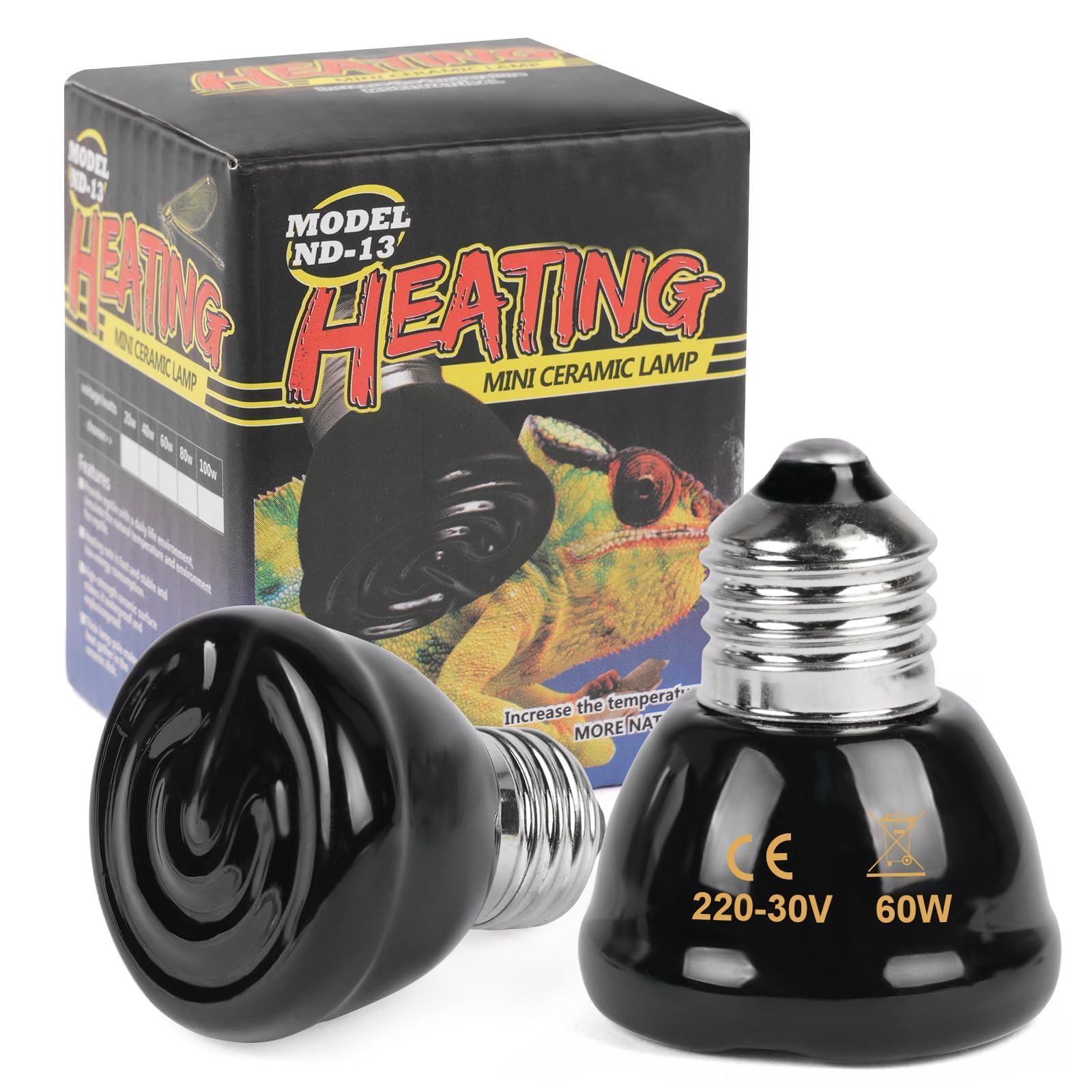 Adiwo 2 Pack 60W Ceramic Reptile Heat Bulb, E27 Base, Infrared Heating, Terrarium Heat Lamp for Reptiles/Snakes/Lizards/Turtles/Bearded Dragons
