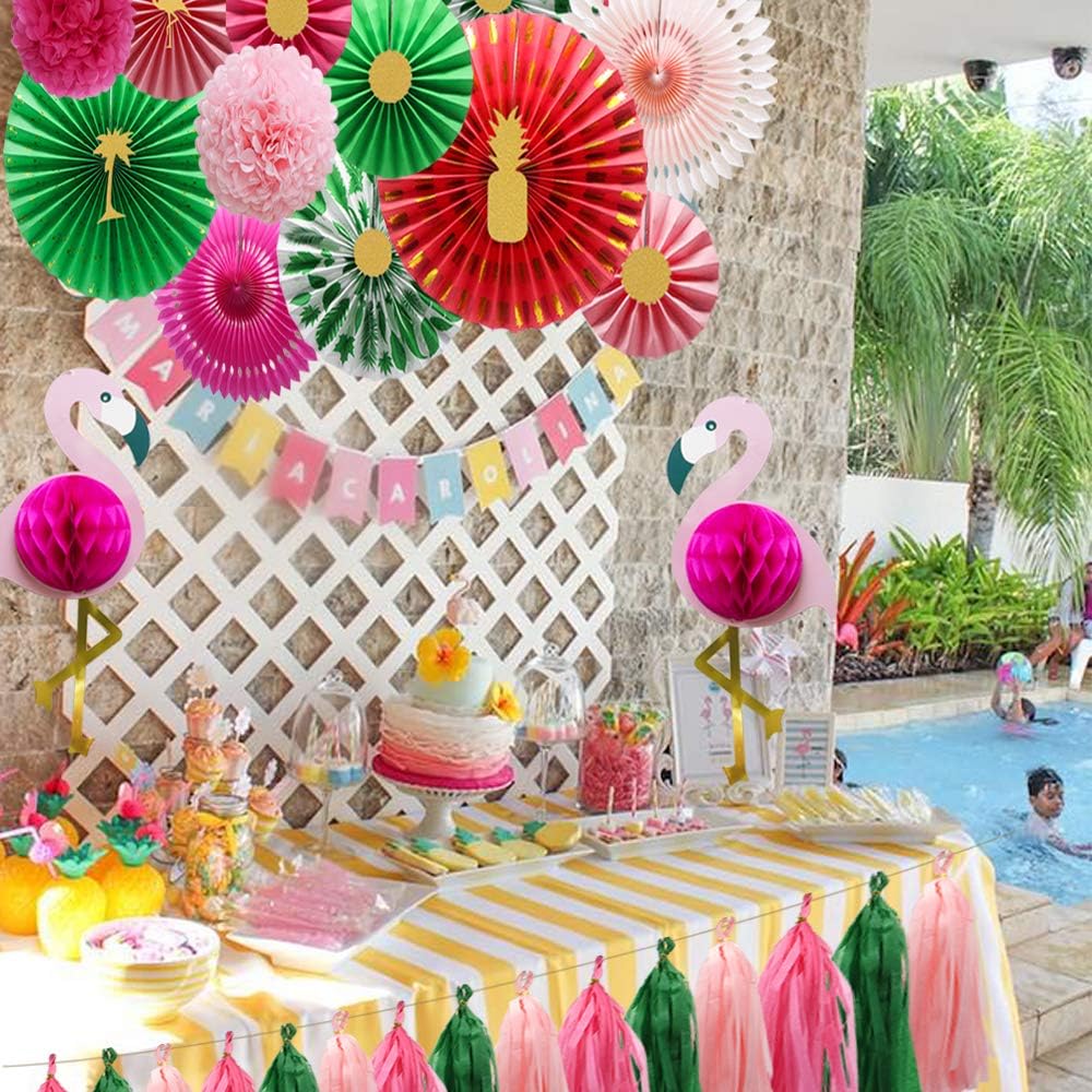 KAXIXI Tropical Flamingo Party Supplies, Pink Honeycomb Balls Hanging Paper Fans Pom Poms Flowers Tissue Tassels for Birthday Baby Shower Decorations Bachelorette Hawaiian Summer Beach Party: Home & Kitchen