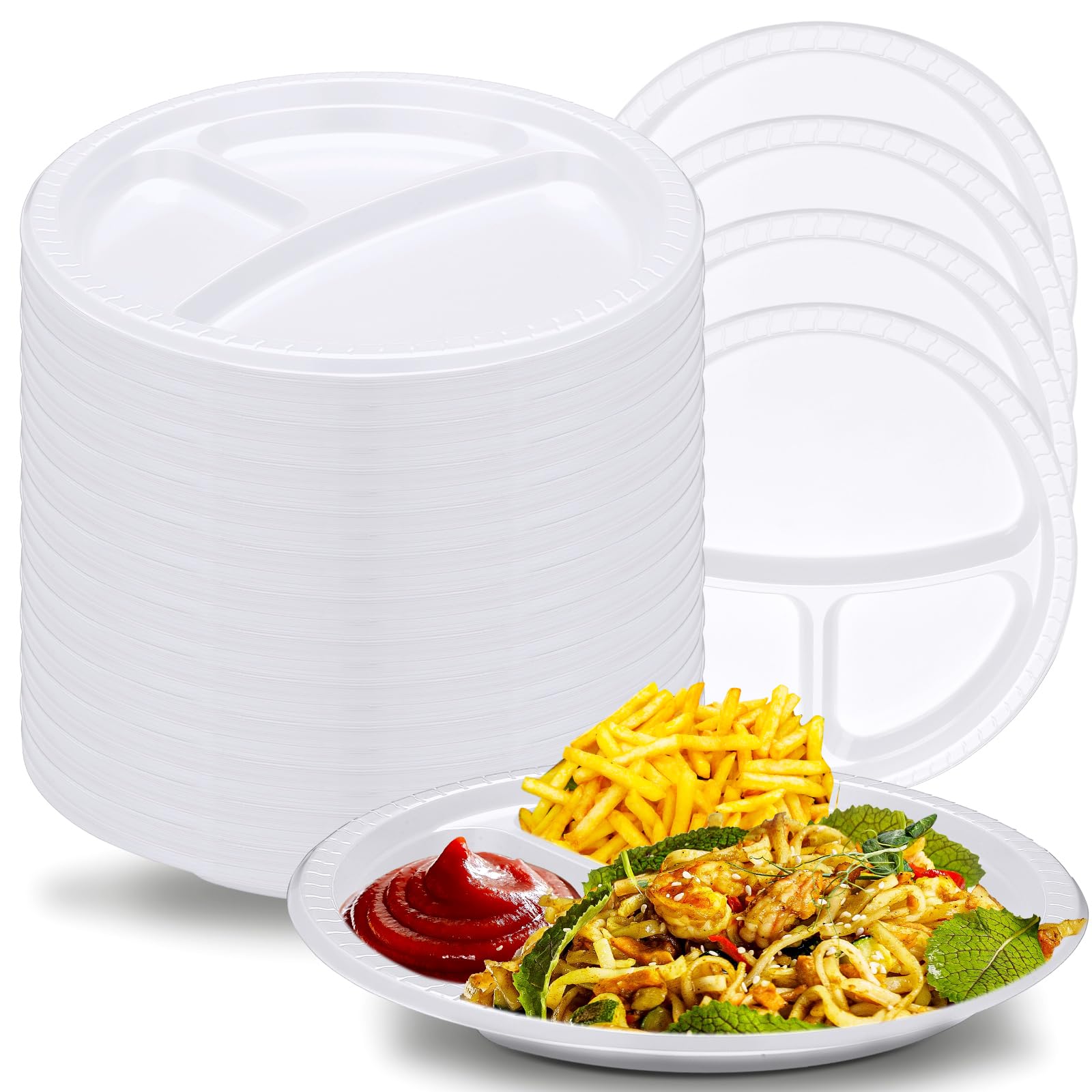 Photo 1 of Umigy 100 Pcs 10 Inch 3 Compartments Divided Plastic Plates Bulk Colorful Disposable Heavy Duty Round Dinnerware for Valentine's Day Wedding Birthday Party(White)