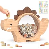 Summidate Wooden Dinosaur Piggy Bank, Large Clear Money Bank for Kids Boys | Cute Wood Coin Box with Hidden Bill Slot and Dino Stickers, Personalized Savings Toys, Decor &amp; Gift for Birthday Christmas
