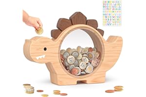 Summidate Wooden Dinosaur Piggy Bank for Kids Boys, Cute Wood Dino Money Bank for Toddlers, Creative Saving Coin Jar, Personalized Present for Child Birthday & Decor (Natrul Wood, Standard)