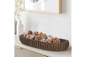 Oakrain Wooden Decorative Bowl for Home Decor, 16" Rustic Dough Bowl with Hand Carved Vertical Stripes, Long Wood Tray for Ta