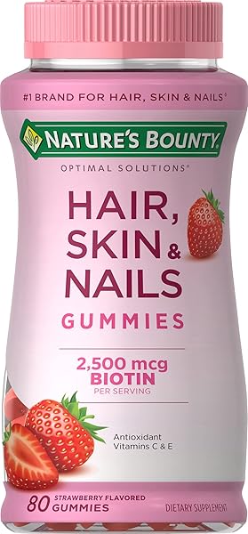 NATURE’S BOUNTY OPTIMAL SOLUTIONS HAIR, SKIN & NAILS VITAMIN GUMMIES WITH BIOTIN, 2500 MCG, STRAWBERRY, 80 COUNT, 40 TOTAL SERVINGS