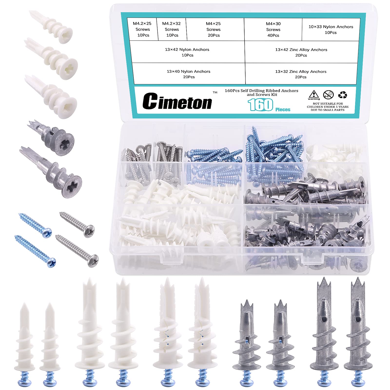 Cimeton 160Pcs Self Drilling Drywall Anchors and Hollow-Wall Anchors with Tapping Screws Assortment Kit, Three Kinds of Large/Small Plastic Anchors One with Split