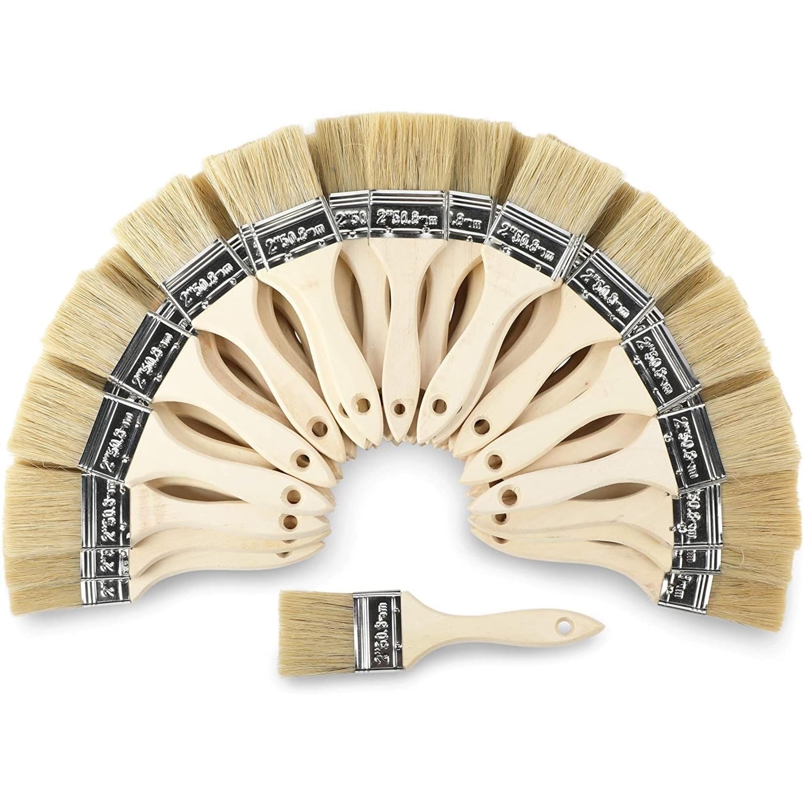 Chip Paint 20 cm Brushes (50 Pack), 5 cm Bristles - Natural Wood