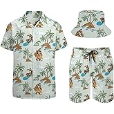 Erdomir Men's Funny Hawaiian Matching Set Summer Beach Tracksuit 3 Piece Outfits Button Down Shirts Shorts and Bucket Hats