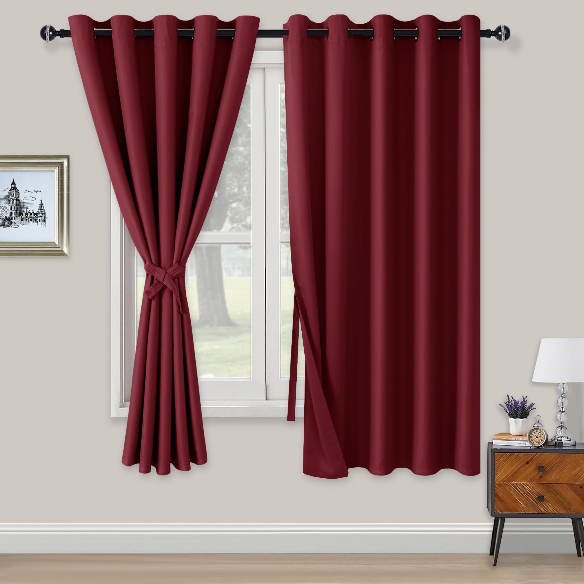 XWZO Blackout Curtains Shades Window Curtain Panels with Tiebacks- Noise Reduction and Thermal Insulated Eyelet Curtains for Bedroom,Living Room,Office,Study Room Burgundy W66xL72
