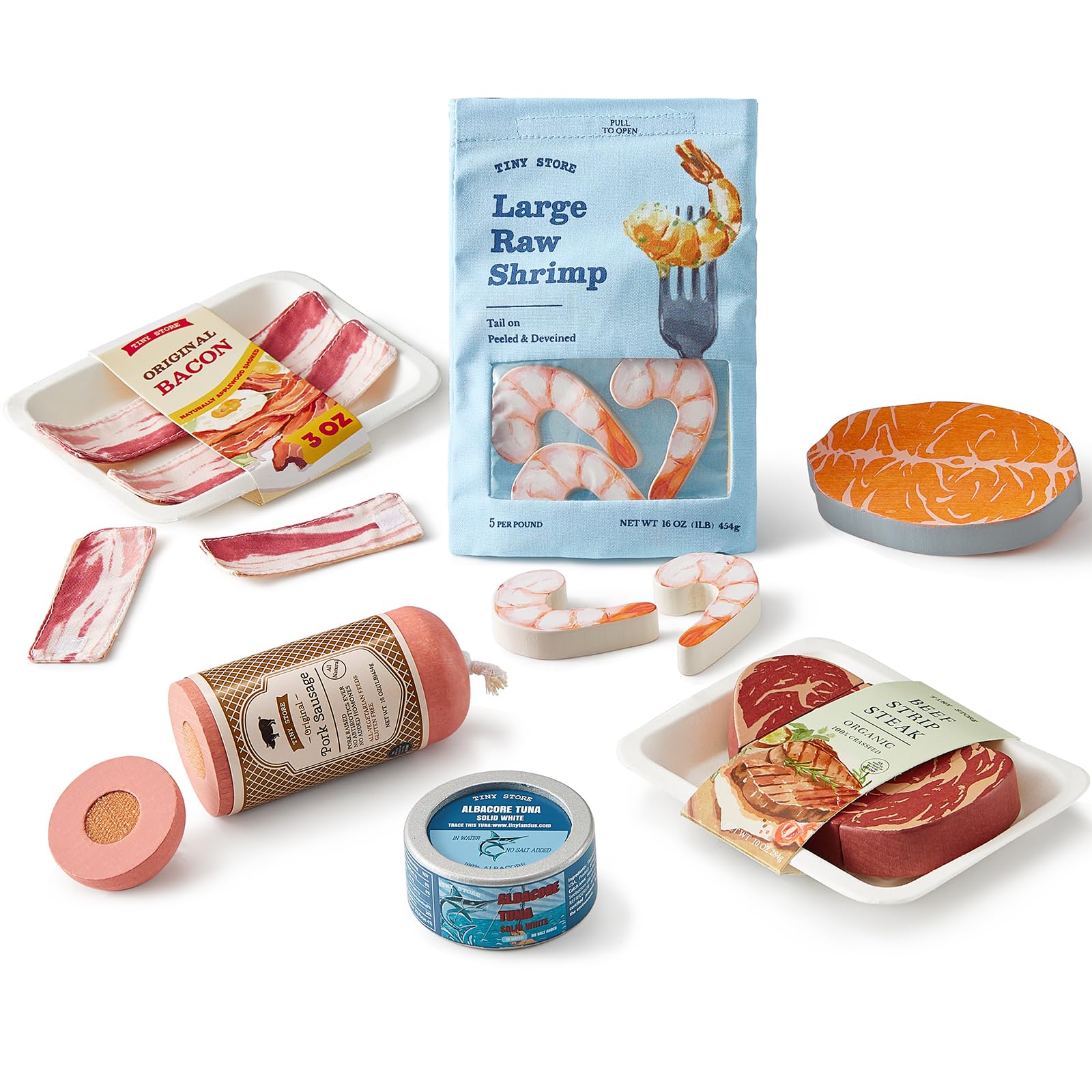 Photo 1 of Tiny Land Organic Play Food Set - 6PCS Wooden Seafood & Meat Toy Set for Kids, Pretend Grocery for Kitchen Play, Montessori Toy Gift