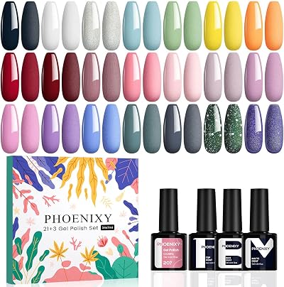 Phoenixy Gel Nail Polish Set 24pcs 21 Colours Base Top Coat Matte Glossy Finish