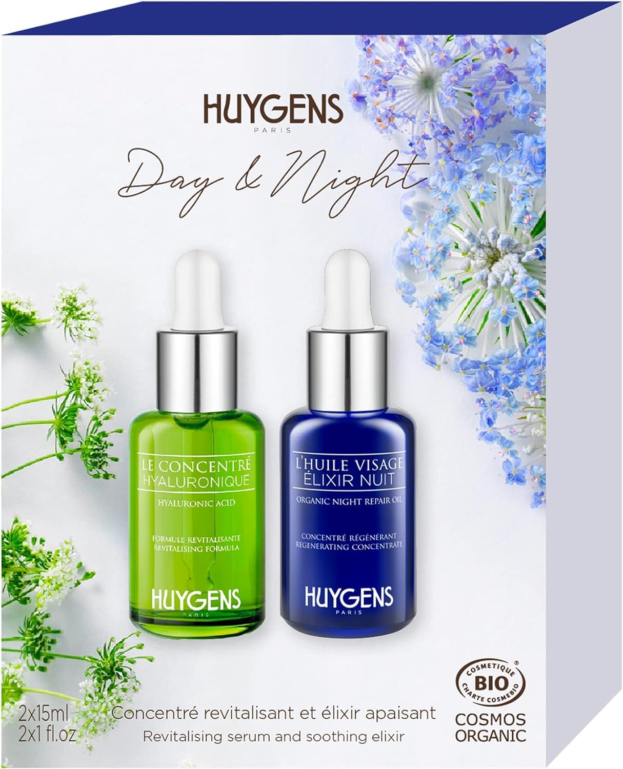 HUYGENS - Night & Day Duo - 2 Organic Serums - 2x15mL - Hyaluronic Acid Concentrate & Elixir Night Concentrate - 100% natural - Vegan - Made in France