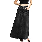 Women's Maxi Jean Skirt High Waisted A-Line Long Denim Stretch Skirts with Frayed Raw Hem for Ladies