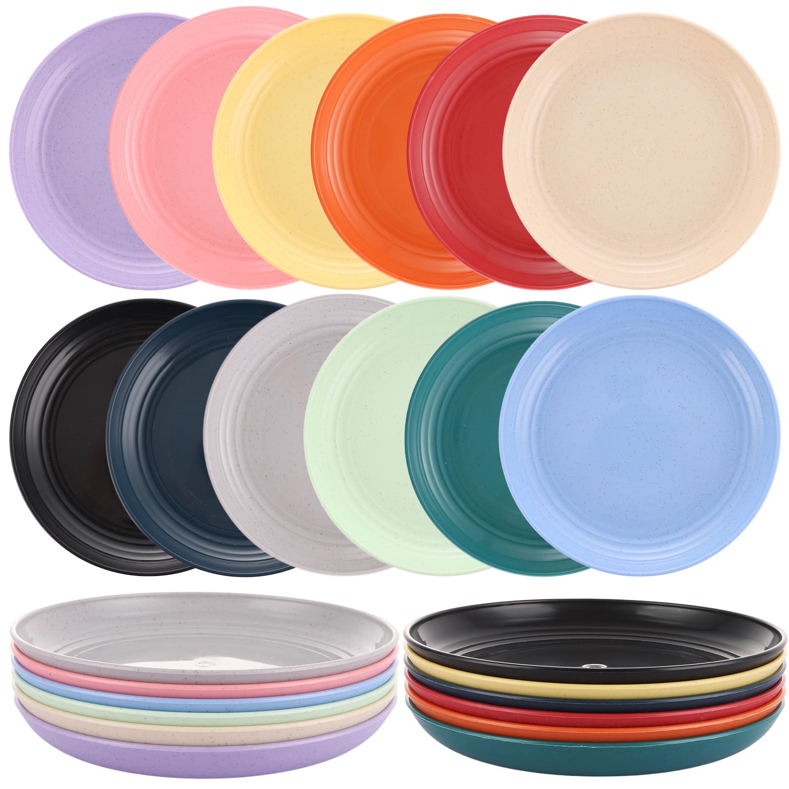 Oungy 24Pack Plastic Dinner Plates, 7in Plastic Plates Reusable Camping Plates, Round Dinner Plates Assorted Colours Picnic Plates for Home, Office, Party - Dishwasher & Microwave Safe
