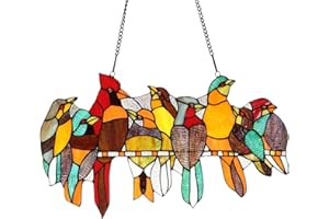 Bieye W10055 Tropical Birds on The Wire Tiffany Style Stained Glass Window Panel Hangings with Chain, 22" W x 13" H