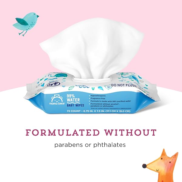 AMAZON BRAND – MAMA BEAR 99% WATER BASED BABY WIPES, HYPOALLERGENIC FOR SENSITIVE SKIN, FRAGRANCE FREE, 432 COUNT (6 PACKS OF 72)