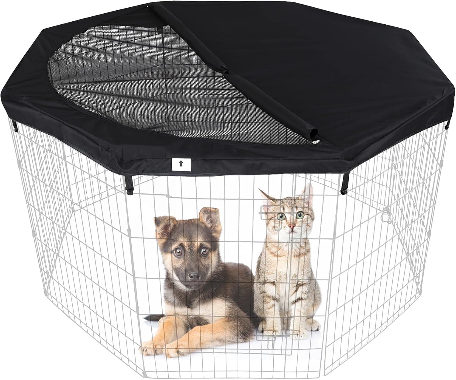 Photo 1 of HiCaptain Pet Playpen Top Cover for Indoor and Outdoor Use - Escape-Proof and Sunshade Shield Protector Fits for 24 inches Wide 8 Panel Dog Crate Pen (Black, with Adjustable Half Mesh)