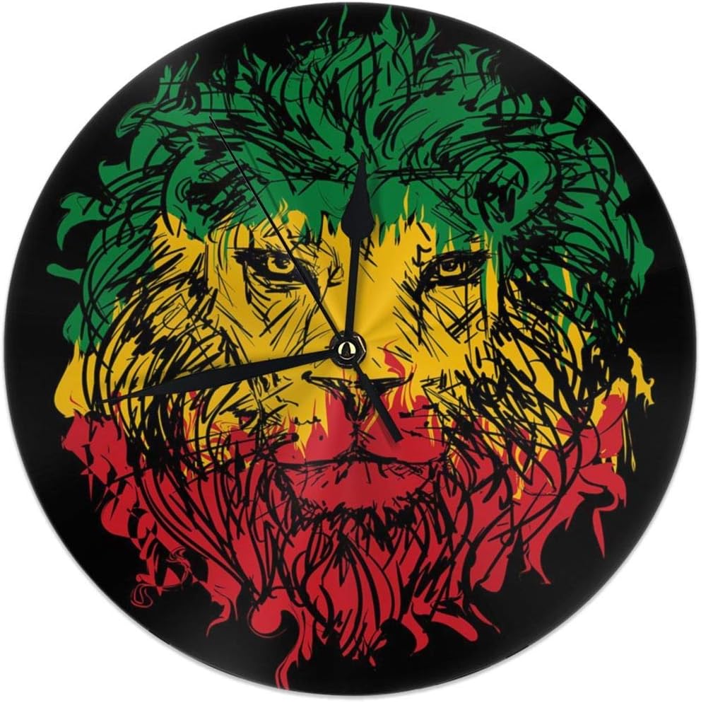 Merryfull Home Decor Clock Rasta Ethiopian Flag Colors On Grunge Sketchy Lion Head with Black Backdrop Theme Art Light Green and Yellow WallClocks,Silent Non-Ticking