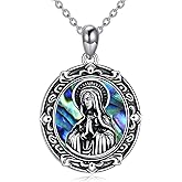 SDOPIR Virgin Mary necklace Sterling Silver Italian Oxidized Guadalupe Virgin Mary Nnecklace Abalone Pendant Necklace Catolicos Jewelry Gifts for Women