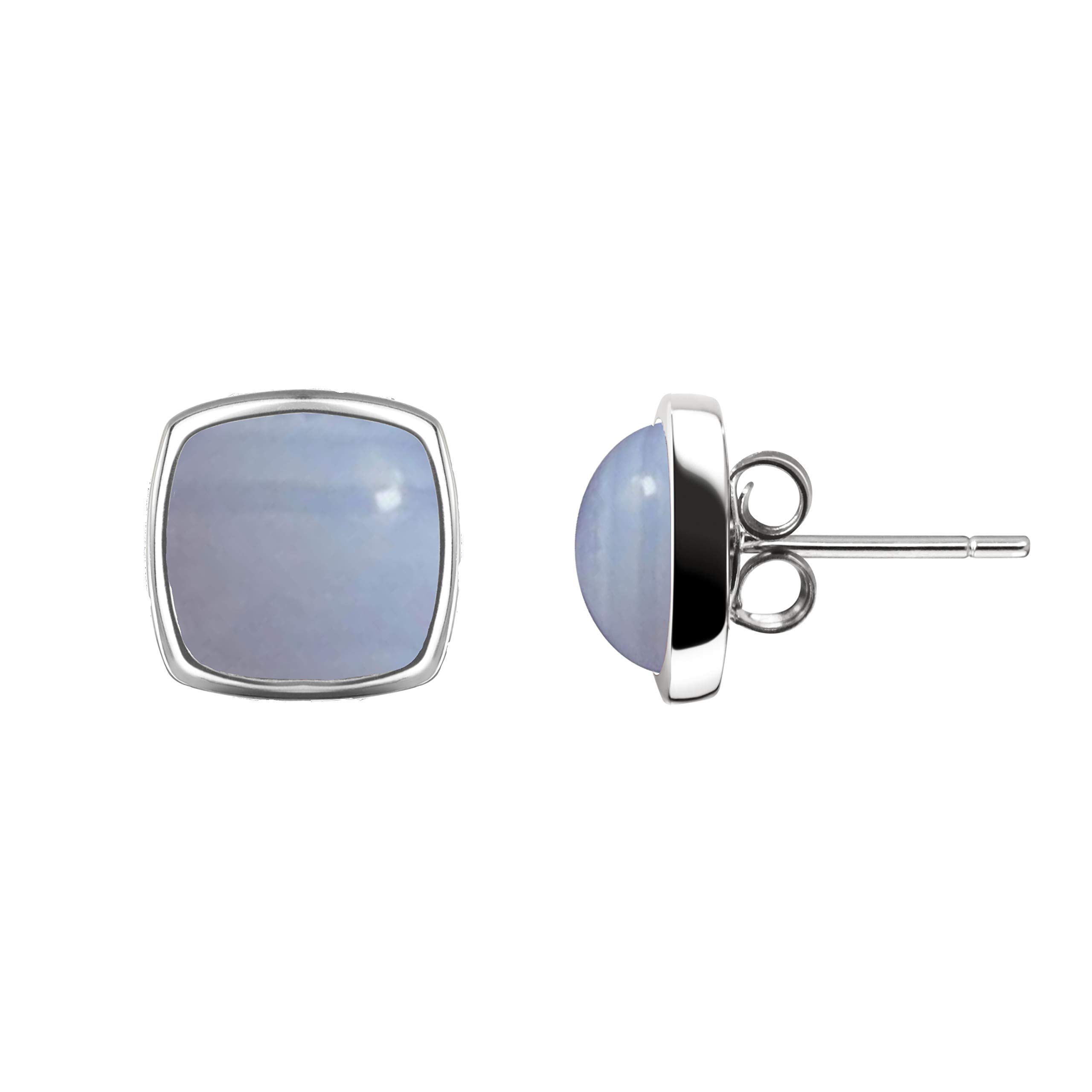 Franki Baker Natural Blue Lace Agate Square Cushion Cut Gemstones Stud Earring & 925 Sterling Silver. Gem Stud Size: 1cm x 1cm