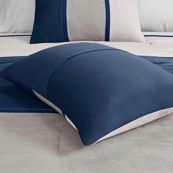 MADISON PARK PALISADES COMFORTER SET MODERN FAUX SUEDE PIECED STRIPE DESIGN, ALL SEASON DOWN ALTERNATIVE COZY BEDDING WITH MATCHING SHAMS, DECORATIVE PILLOWS, CAL KING(104″X92″), BLUE 7 PIECE