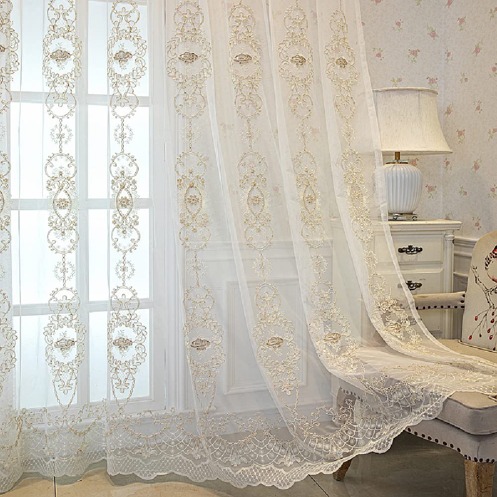 Photo 1 of Amidoudou 1 Pair European Embroidery Luxury Tulle Curtains Jacquard Sheer Curtains for Living Room Bedroom (White,51x84 Inch)