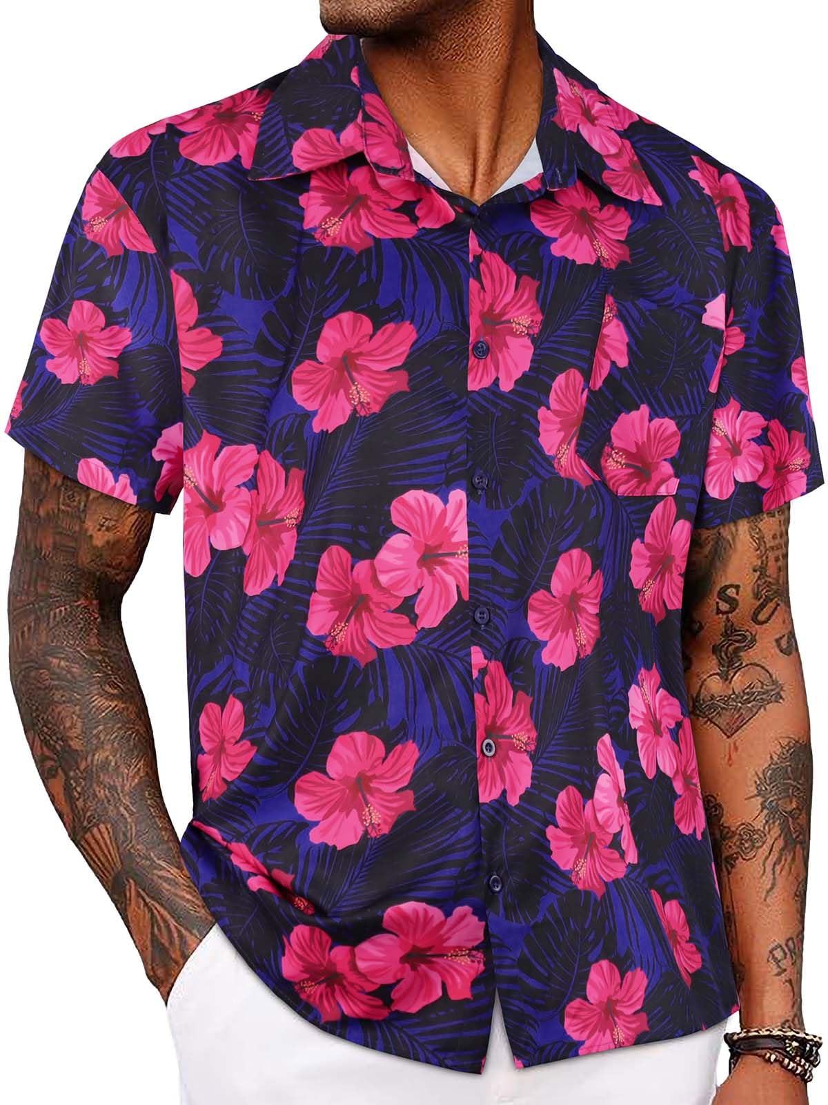Photo 1 of (BIG AND TALL) (BAGGED) Mens Hawaiian Shirt Short Sleeve Summer Beach Casual Tops Button Down T Shirts with Pocket(Pink Navy Floral,XL)