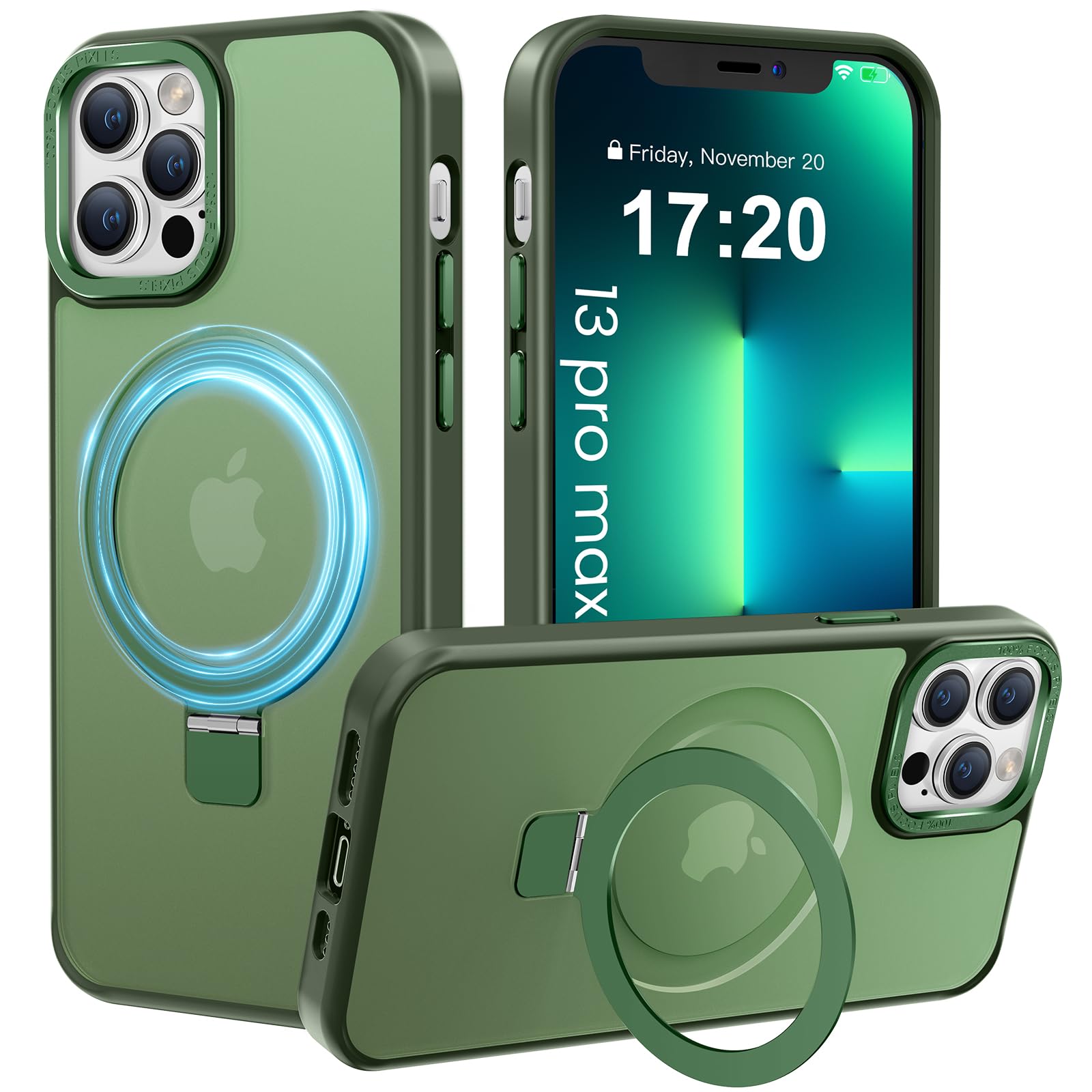 PuyaTeya Magnetic Stand for iPhone 13 pro max Case, Compatible with Mag-Safe, Military Drop Protection, Anti-scratch/fingerprint Translucent Matte iPhone 13 pro max Phone Case(Green)