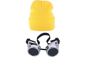 BOOSON Halloween Costume Accessories Vintage Steampunk Goggles Glasses Yellow Beanie Striped Knit Scarf Set for Adult Cosplay Party