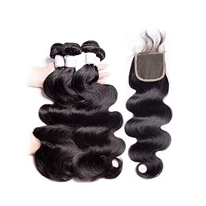 Brazilian Body Wave With Closure 3 Bundles Hair Weave Bundle Non Remy Free Part Lace 4 Pc Human Hair Bundle With Closure,24 26 28 & Closure20,Middle Part