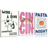 FTQYQLD 3 Piece Trendy Kitchen Wall Art Canvas Prints, Aesthetic Wine and Dine, Cin Cin, Pasta Night Retro Posters, Vibrant Colorful Foodie Dining Room Wall Decor, 16x24 Inch Each