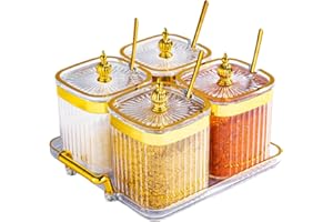 EABOSON 4 Pack Clear Condiment Spice Jars with Lids, Spoons, Tray - Plastic Seasoning Box Set for Salt, Pepper, Sugar - Kitchen Storage