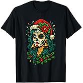 Christmas Sugar Skull Art Woman Santa Hat Festive T-Shirt