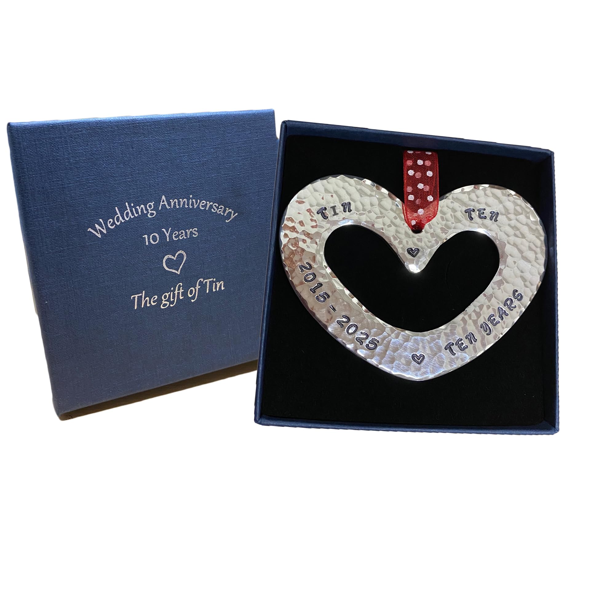 10th Anniversary Tin Gift. Stamped 2015-2025; Small Tin Heart Wall Hanging.