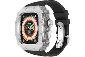 HUALIMEI Luxury 316L Stainless Steel Case for Apple Watch Ultra 2 49mm Fluoroelastomer Band, 316L Stainless Steel Bumper Cover for Mens iWatch 49mm Shock-Resistant Case Replacement FKM Strap (49mm, Silver)