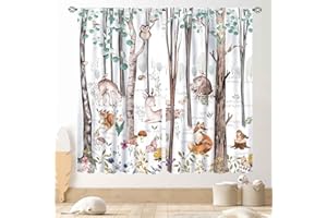 TKUYO Woodland Curtains for Kids Room Nursery, Rustic Woodland Wild Animals Watercolor Forest Bear Deer Fox Country Blackout Window Draeps for Baby Girls Boys Bedroom Living Room 2 Panels Set, 42"x45" Inch