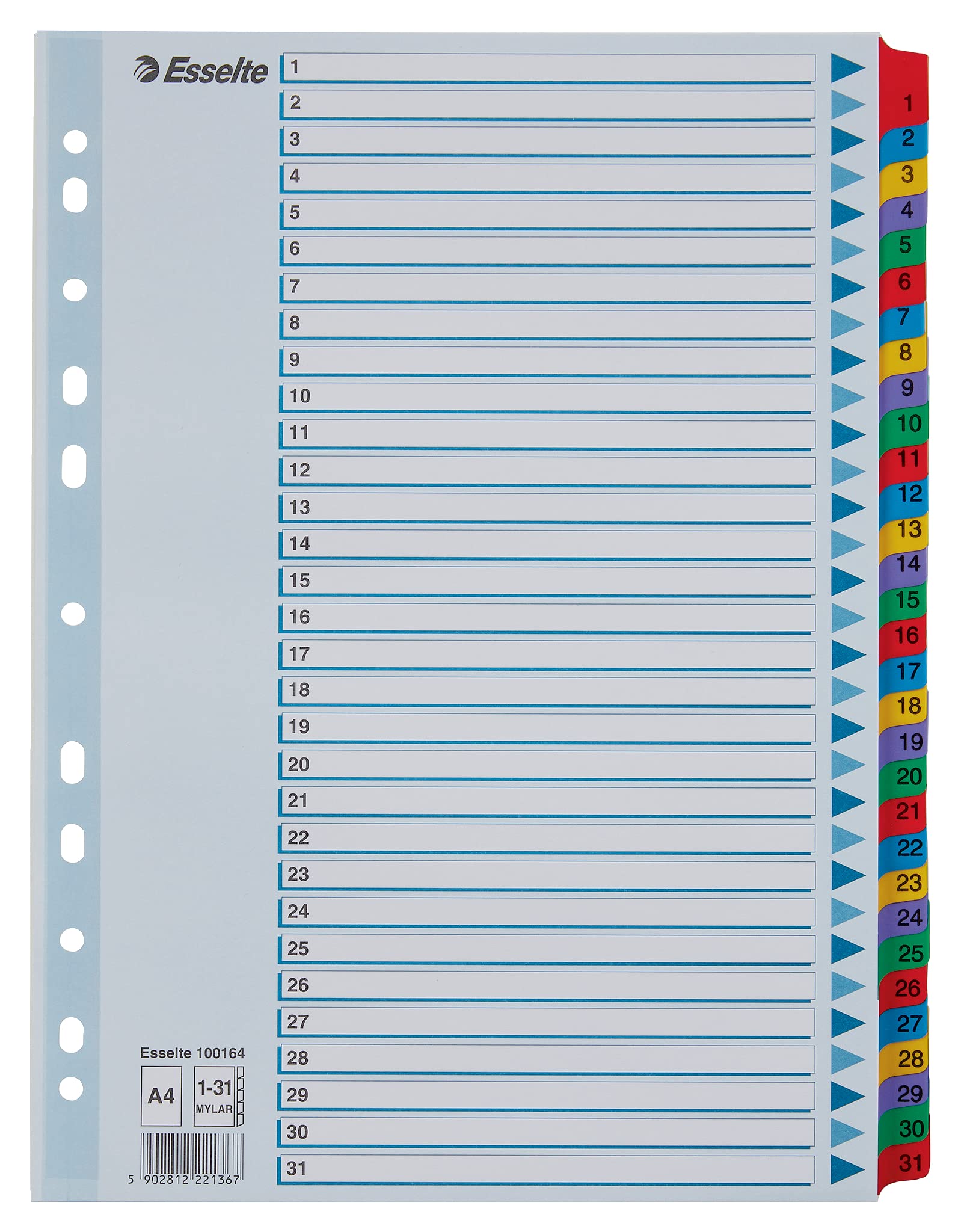 Esselte A4 Mylar 1-31 Part Dividers - Multi-Coloured