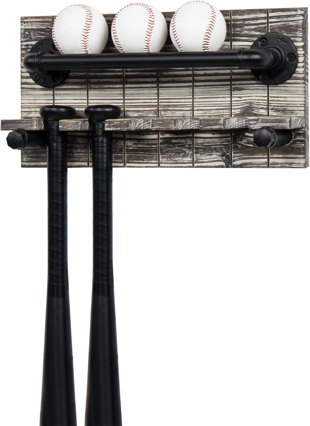 MyGift Rustic Torched Wood and Black Industrial Metal Pipe Wall Mounted Hanging Baseball and Bat Holder Storage Display Rack
