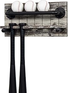 MyGift Rustic Torched Wood and Black Industrial Metal Pipe Wall Mounted Hanging Baseball and Bat Holder Storage Display Rack