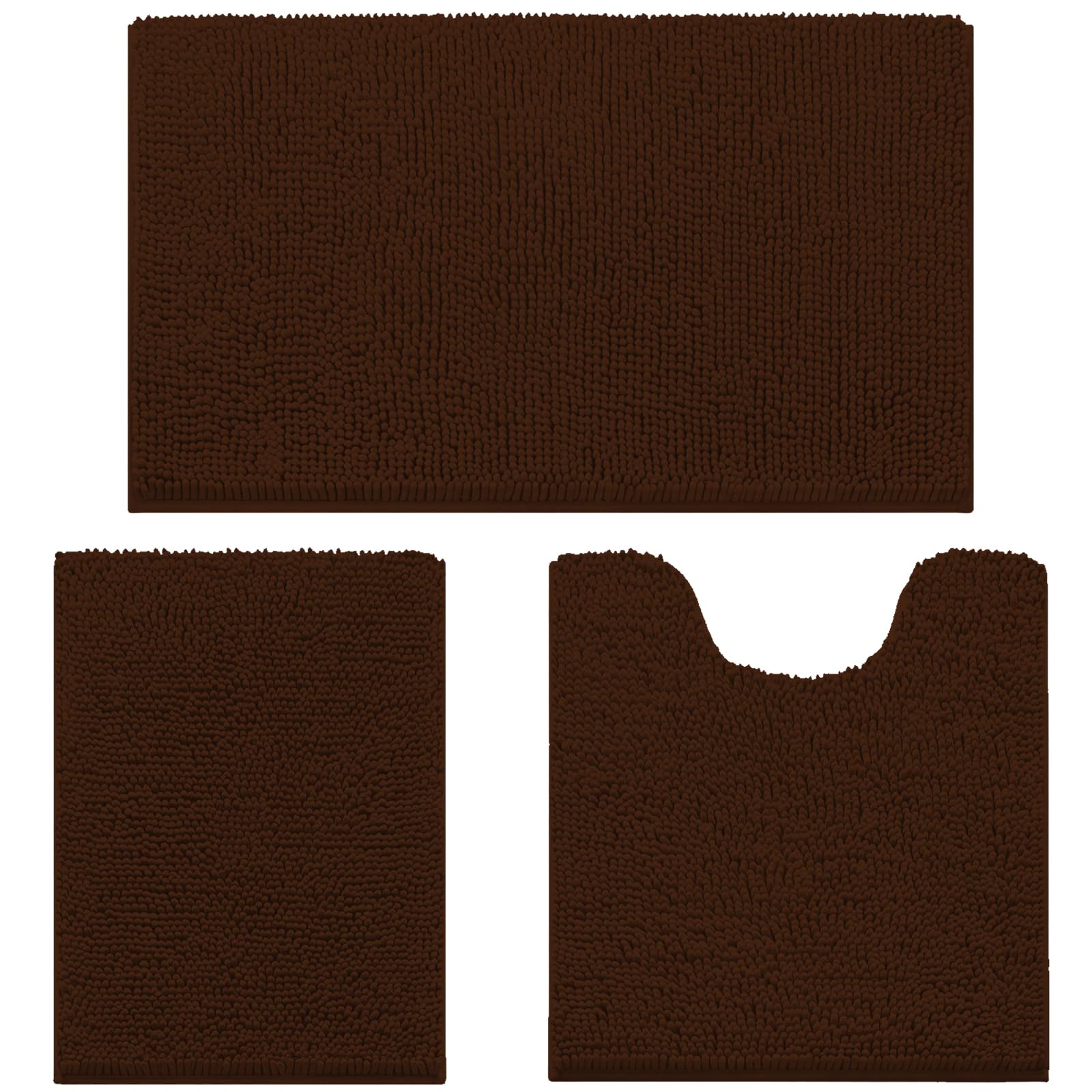 wyewye 3 Piece Extra Soft Fluffy Bath Mats, Chenille Shaggy Mat, Super Absorbent Non-slip Bath Rugs, Machine-Washable Quick Dry, Coffee Brown-5.14