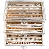 YUFONG Necklace Holder Organizer, Dustproof Necklace Box Velvet Necklace Organizer Box with Lid Clear Acrylic Dustproof Stackable Jewelry Displays for Necklaces Chain Display (Beige, 3 Drawer)