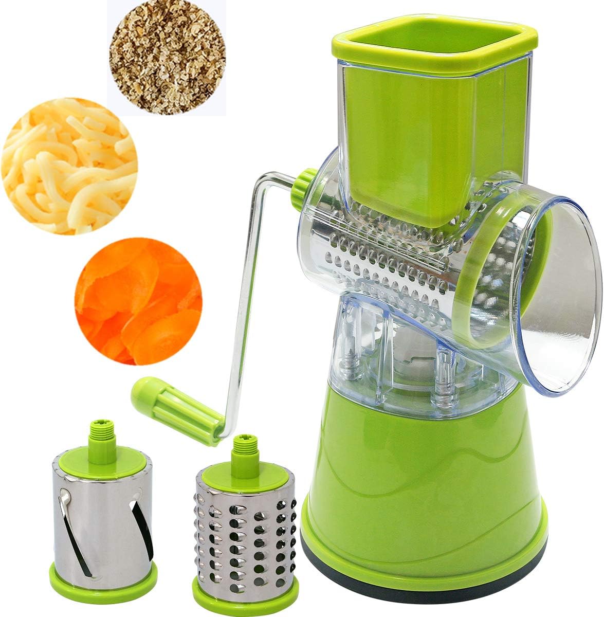 Metal Handle Rotary Cheese Grater Manual Vegetable Shredder Mandoline Slicer Nut Grinder - 3 Drum Stainless Steel Blades Duolvqi(green)