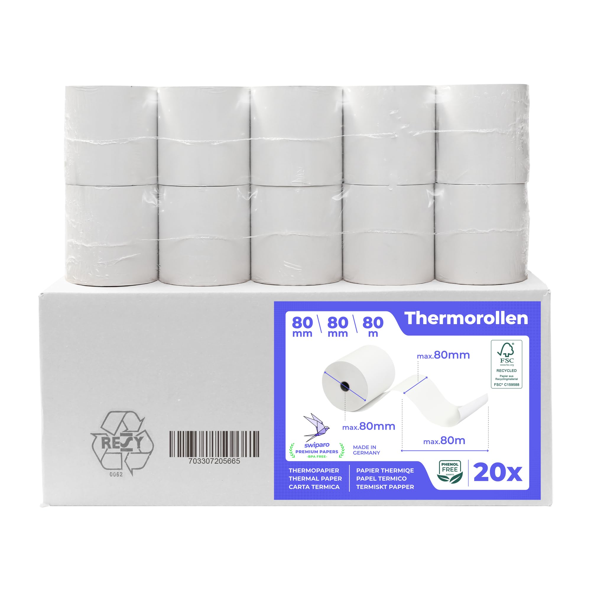 SWIPARO - Thermal rolls 80 mm x 80 m x 12 mm - till rolls - certified for cash register with receipt printer - thermal paper 80 x 80 x 12 (20 rolls)